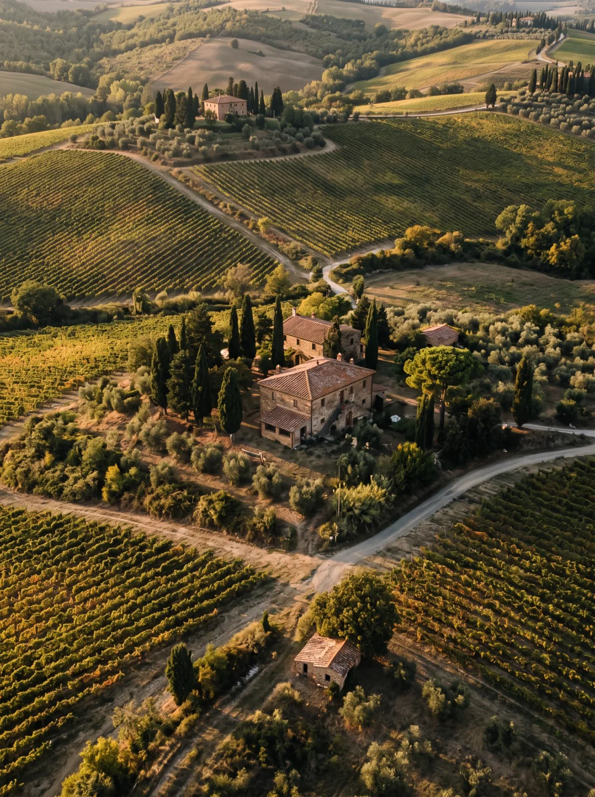 Aerial view of a Tuscan stone farmhouse among vineyards and cypress trees at sunset